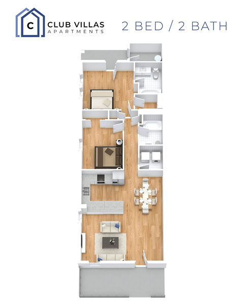 Floor plan for 2 beds, 2 baths, 1107 sqft